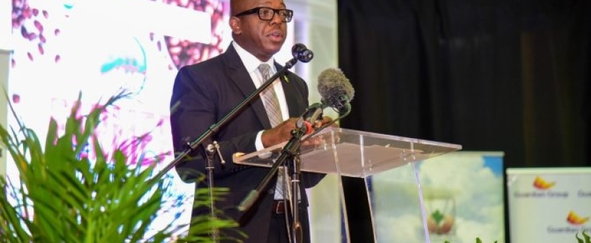 Minister of Agriculture and Fisheries, Hon. Pearnel Charles Jr., addresses a ‘Coffee Farmers’ Trade Day’ Expo at the University of Technology (UTech), on March 14.