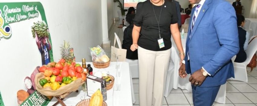 Outgoing Minister of Agriculture and Fisheries, Hon. Pearnel Charles Jr. (right), is shown a display of locally produced items by event facilitator and chair, Hedda Rose Dunkley, during the opening ceremony for the United Nations Food and Agriculture Organization (FAO)-hosted Bridging Organizations and Networks Development (BOND) Learning Guide for Trainers Workshop, on Monday (May 22) at the Medallion Hall Hotel in Kingston.