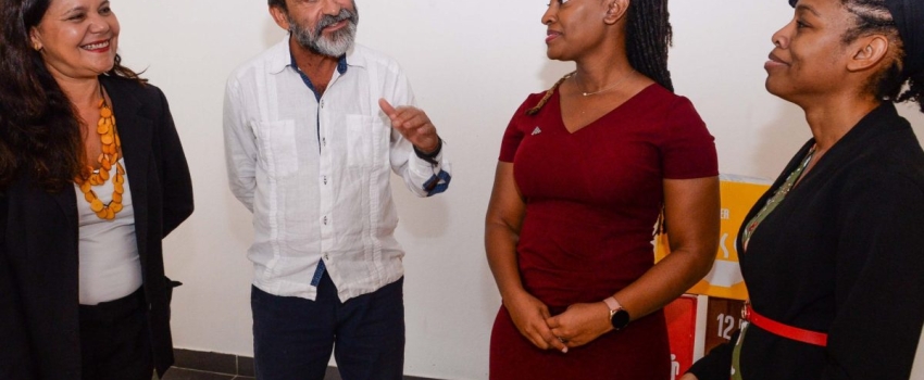 FAO representative for Jamaica, The Bahamas, and Belize, Dr Crispim Moreira (second left) makes a point during a conversation with (from left)  international consultant with the FAO, Dr Inessa Salomao; Junior Achievement Jamaica's Callia Smith-Harriott and the Ministry of Agriculture, Fisheries and Mining's St. Sanya Morrison. The occasion was a validation seminar for the "Inclusive and Resilient Agri-Food Systems in Rural and Peri-Urban Territories of Kingston project on Friday (October 6) at the Altamont 