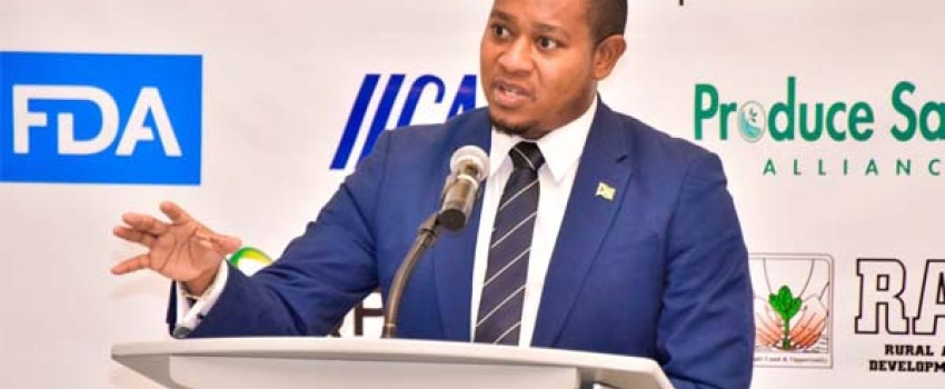 Minister of Agriculture, Fisheries and Mining, Hon. Floyd Green, delivers remarks during the opening session of the Bureau of Standards Jamaica (BSJ)/Food and Drug Administration (FDA) Summit on the Produce Safety Rule, Food Security and Agribusiness Council held at the AC Hotel by Marriott in Kingston on Tuesday, September 26.