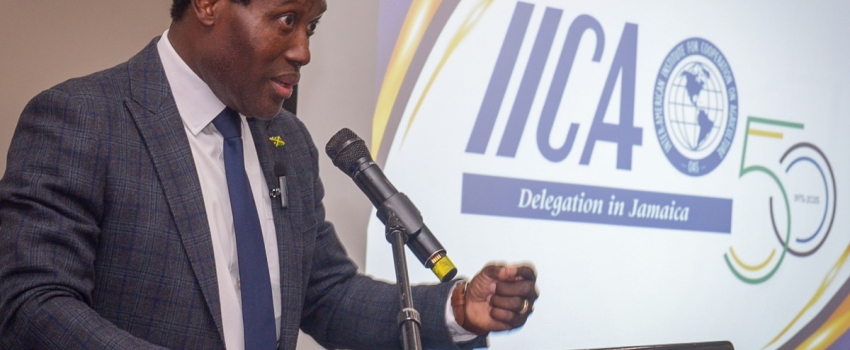Chief Technical Director (CTD) for Special Projects in the Ministry of Agriculture, Fisheries and Mining, Courtney Cole, delivers the keynote address on behalf of Portfolio Minister, Hon. Floyd Green, during the Inter-American Institute for Cooperation on Agriculture (IICA) Jamaica Delegation’s 50th anniversary celebration at The Jamaica Pegasus hotel in New Kingston on Friday (June 27).