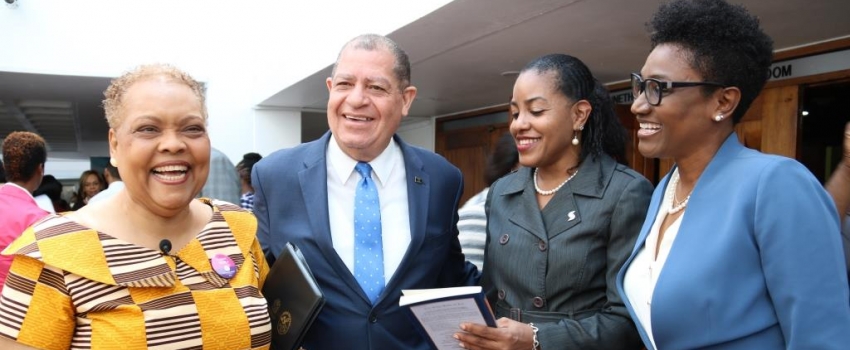 Hon. Audley Shaw (2nd left), Minister of Industry, Commerce, Agriculture and Fisheries, shares a light moment with (from left) Valerie Veira, Chief Executive Officer, Jamaica Business Development Corporation (JBDC); Avril Leonce, Director of SME Partnership and Development, and Audrey Tugwell, Executive Vice-President, Retail Banking, both of Scotiabank; at the opening ceremony of day one of the Employee Engagement Conference hosted by JBDC under the theme ‘Disturb. Reconnect. Engage’ at the Jamaica Confere