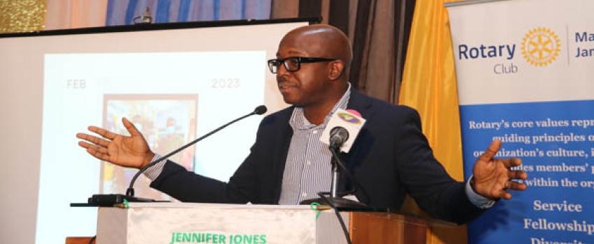Minister of Agriculture and Fisheries, Hon. Pearnel Charles Jr, speaking at the Rotary Club of Mandeville’s Vocation Award for Excellence held at Church Teachers’ College, on Thursday, February 2, 2023.