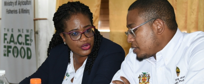 Minister of Agriculture, Fisheries and Mining, Hon. Floyd Green (right) in conversation with Chief Technical Director, Michelle Parkins, during a Stakeholder Engagement Session for the Ministry's 'New FACE of Food' strategy, which was held at the Casa Lagoona Hotel in St. Thomas, on November 15.
