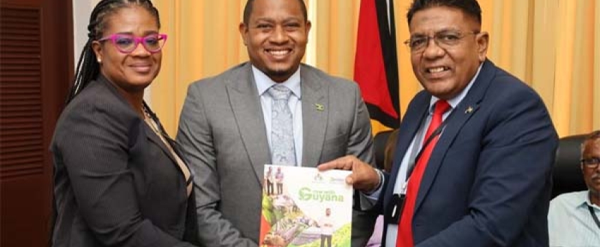 Hon. Floyd Green and the Jamaican delegation in a meeting with Guyana's Agriculture Minister, Hon. Zulfikar Mustapha for bilateral talks at the 38th Regional Conference of FAO for Latin America and the Caribbean in Guyana. During the meeting the Ministers discussed areas of mutual interest within the agriculture sector and possible areas for collaboration through knowledge-sharing and technical support.