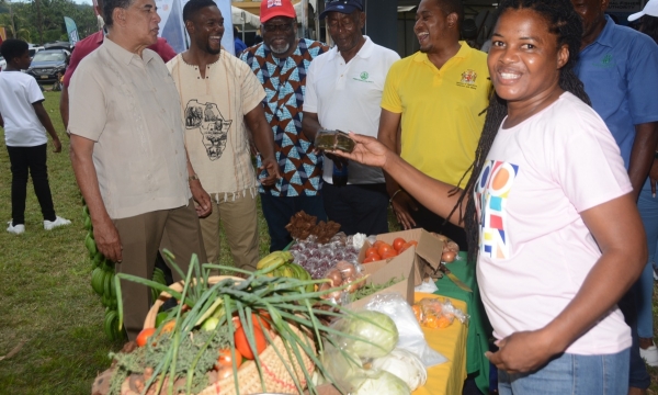 Minister of Agriculture, Fisheries and Mining, Hon. Floyd Green (fifth left), interacts with (from left): Minister of State in the Office of the Prime Minister (West), Hon. Homer Davis; Mayor of Montego Bay and Chairman of the St. James Municipal Corporation, Councillor Richard Vernon; Custos Rotulorum for St. James, Bishop the Hon. Conrad Pitkin; President of the St. James Branch of the Jamaica Agricultural Society (JAS), Glendon Harris; and Parish Manager for the St. James Division of the Rural Agricultur