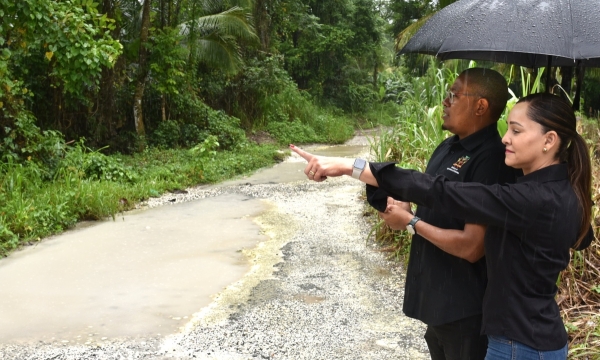 Minister of Agriculture, Fisheries, and Mining, Hon. Floyd Green (left) and Portland Eastern Member of Parliament, Ann-Marie Vaz, observe flood damage from heavy rainfall in sections of the constituency during a tour on January 3.